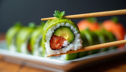 Sushi roll with fresh ingredients and green toppings held with chopsticks