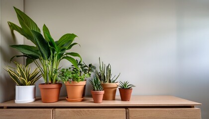 Obraz premium various potted plants arranged on a shelf against a neutral wall showcasing indoor gardening aesthetics copy space
