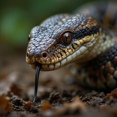 Obraz premium Close-up of a snake's head, showcasing intricate scales and a captivating gaze. The shallow depth of field and dark background emphasize the reptile's details, creating a dramatic and intense image.