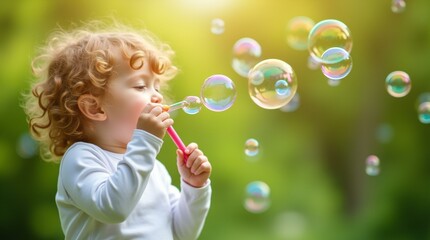 Child Blowing Bubbles Outdoors
