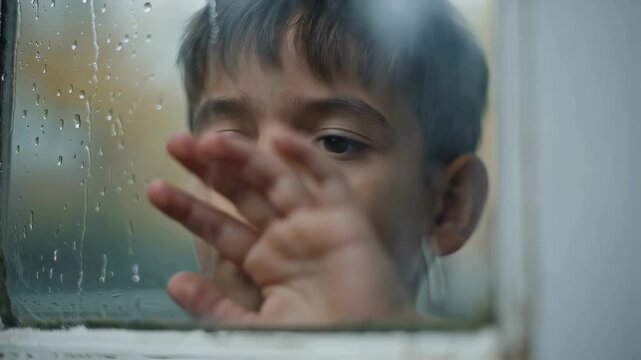 Sad young boy looking longingly through a rain covered window pane, hand pressed against the glass, conveying childhood melancholy, loneliness, isolation or waiting during a rainy day