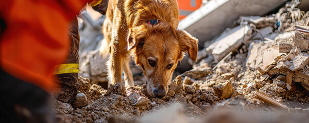 rescue dog explores debris at disaster site, showcasing determination and focus in challenging environment.. K9 Police Dog