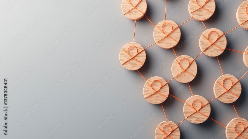 Poster networking concept with wooden circles and orange strings on gray background