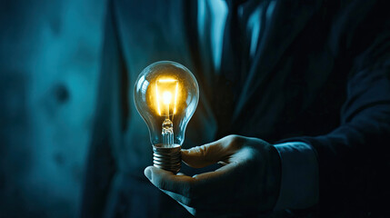 Hand holding a glowing light bulb against a dark background in a modern setting Generative AI