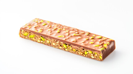 Milk chocolate bar with a rich pistachio paste filling and crispy kataifi, set against a clean white background