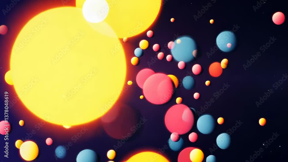 Poster a colorful background with many different colored circles. some of the circles are blue, some are ye