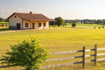 Obraz premium Serene Country House Surrounded by Lush Green Fields at Sunset