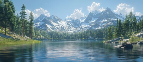 Mountain Lake Scenery, Sunny Day, Peaceful