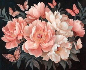 Elegant floral arrangement featuring vibrant peonies and delicate butterflies