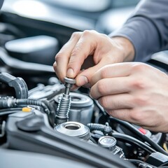 Obraz premium Mechanic tightening bolt on vehicle engine garage workshop close-up photography industrial setting focus on detail