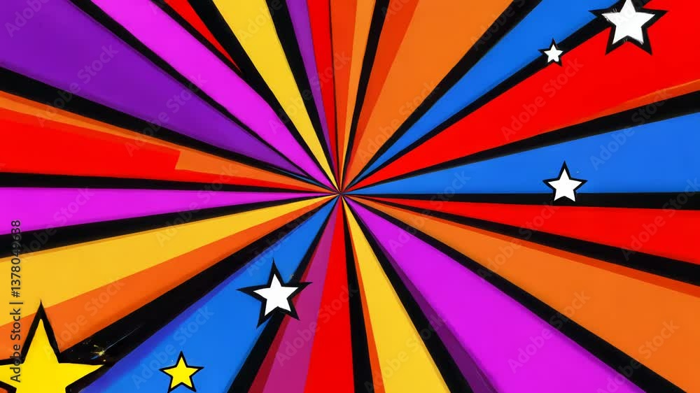 Poster a colorful spiral with stars in the middle. the stars are white and the spiral is multicolored
