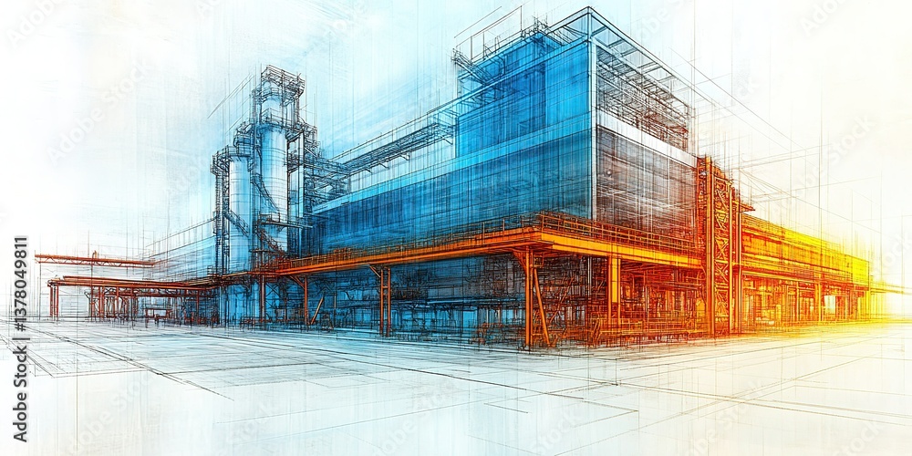 Poster modern industrial building design featuring blue and orange highlights with a focus on structure and