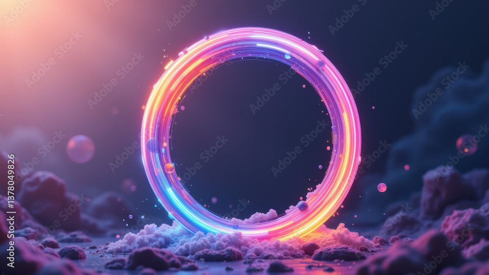 Poster a vibrant ring of light with a futuristic design floating on a cloud-like surface.