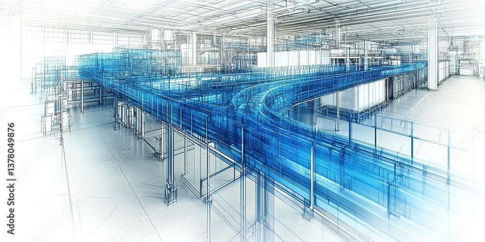 Poster innovative warehouse design featuring a dynamic conveyor system and modern architecture for efficien