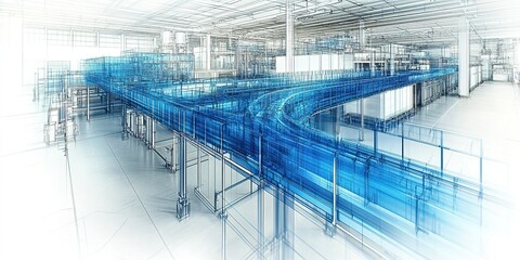 Innovative warehouse design featuring a dynamic conveyor system and modern architecture for efficient logistics operations
