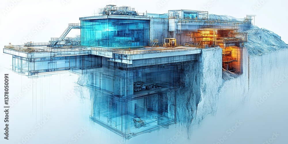 Poster modern architectural design featuring a floating structure with multiple levels and distinct zones f
