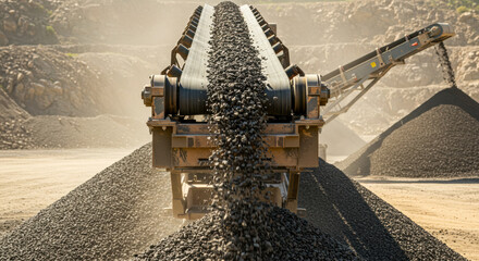 Conveyor belt transporting crushed stone at a quarry during a sunny day