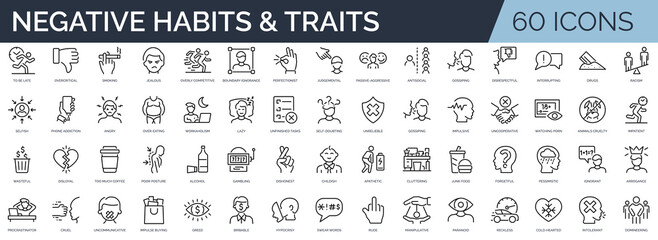 Set of 60 outline icons related to negative habits and traits. Linear icon collection. Editable stroke. Vector illustration	