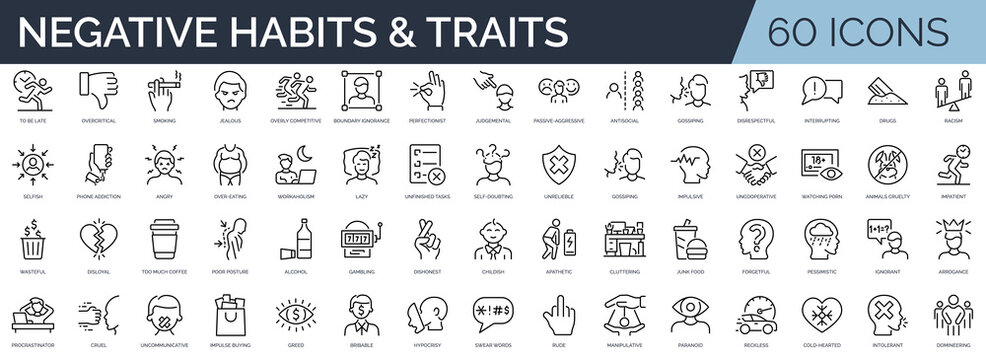 Set of 60 outline icons related to negative habits and traits. Linear icon collection. Editable stroke. Vector illustration	