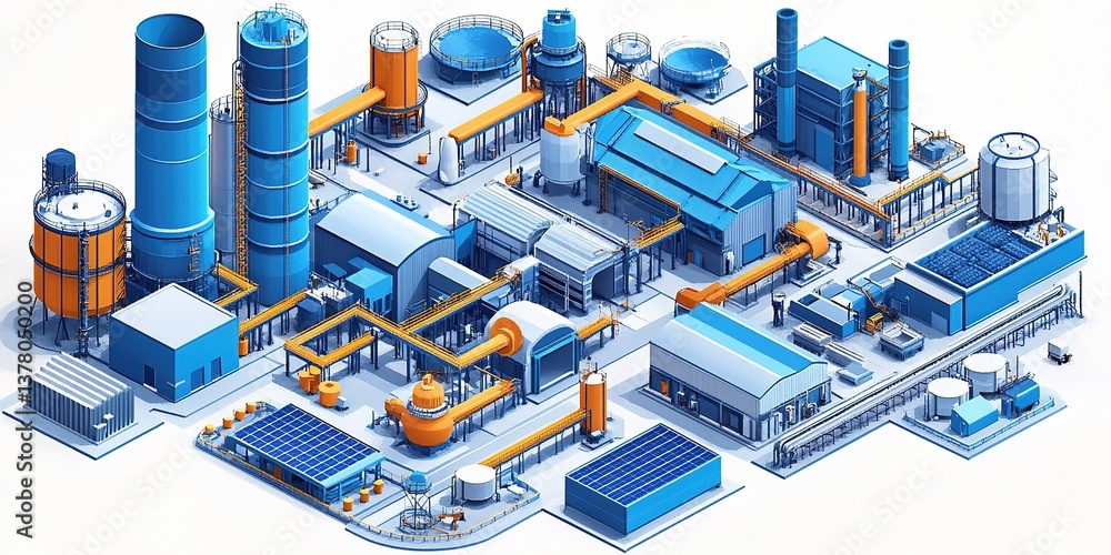 Poster industrial complex featuring various structures and equipment with blue and orange color scheme in a