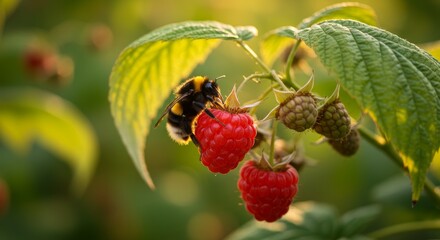 Bumblebee and Raspberry Delight - A bumblebee delicately feeding on a ripe raspberry, symbolizing nature's harmony, summer abundance, sweetness, pollination, and the circle of life