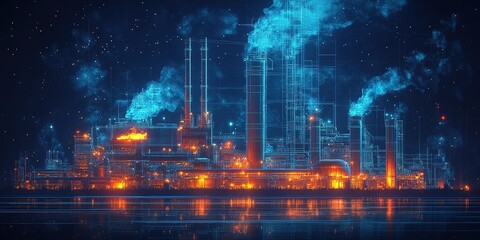 Industrial facility illuminated at night with glowing machinery and smoke against a starry sky