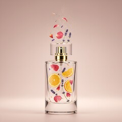 Perfume bottle with citrus and floral fragrance on beige background