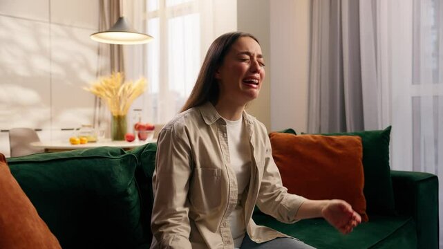 Anxious despair Caucasian pregnant girl female woman at home holding negative positive pregnancy test upset stressed crying result cry lost child maternity problem fertility failure medicine health