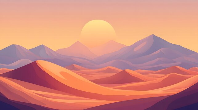 A vast desert landscape with rolling sand dunes and a setting sun