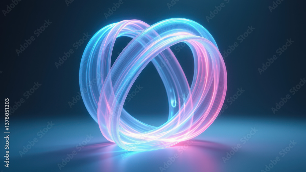 Poster futuristic blue and pink glowing circular structure with abstract design elements.