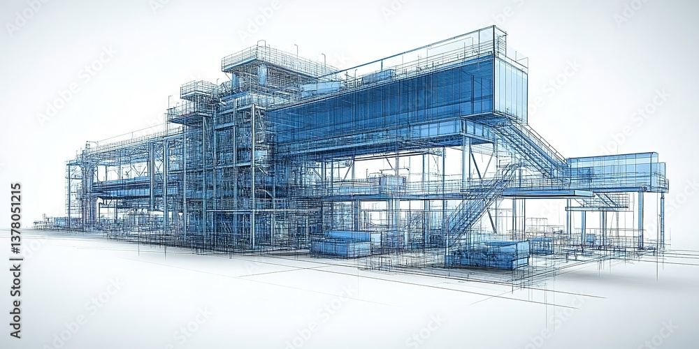 Poster modern architectural design displayed in a detailed blue schematic representation of a building stru