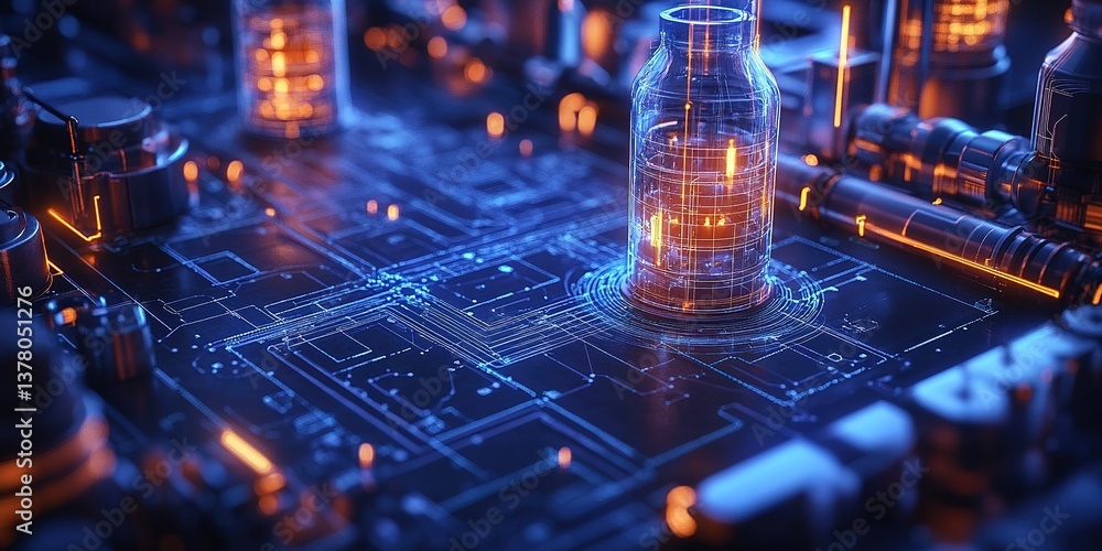Poster futuristic circuit board design with glowing elements highlighting technological innovation and comp