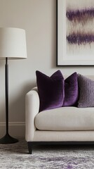 Cozy interior design featuring a modern sofa with purple pillows and stylish floor lamp in a serene living room setting