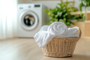 Soft white towels neatly rolled in a wicker basket beside a washing machine in a bright, modern laundry room