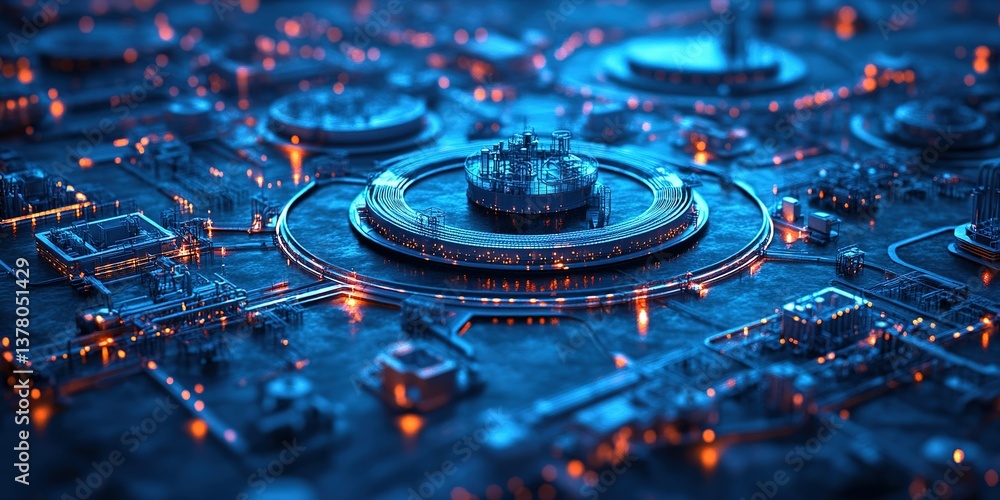 Poster complex network of illuminated structures on a dark surface showcasing advanced technology in a futu