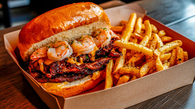 Minimalist Mutant Hybrid Haute Cuisine &ndash; Oxtail & Shrimp Cheesesteak Sandwich with Garlic Parmesan Truffle Fries in a Vantablack Takeaway Box