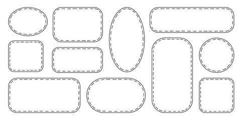 Minimalist stitched outline frames in various shapes. Simple rounded frames with dashed border. Geometric label set. Great for DIY projects, templates, scrapbooking, gift tags, product packaging