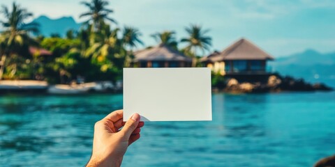 Hand holding blank paper in front of a tropical landscape with palm trees and ocean during bright daylight