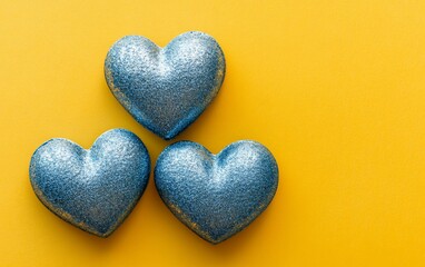 Fototapeta premium Three Blue Glitter Hearts on Yellow