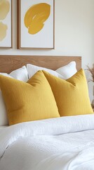 Cozy bedroom with vibrant yellow pillows and minimalist decor creating a warm atmosphere in the morning light