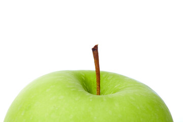 Close up Texture of a Fresh Green Apple Showcasing Vibrant Color and Natural Stem Details on White and Isolated Background
