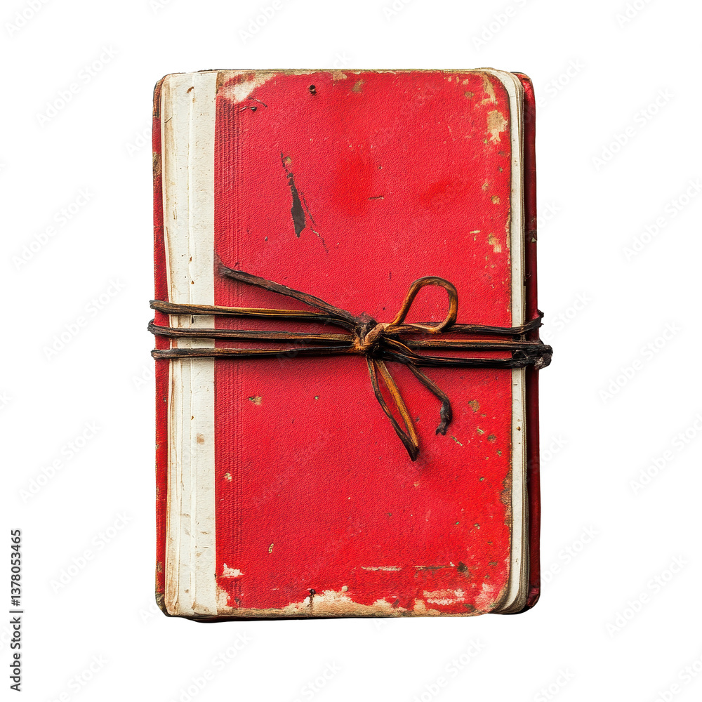 Poster classic red bound notebook resting on a white surface with a rustic tie, red bound notebook, transpa