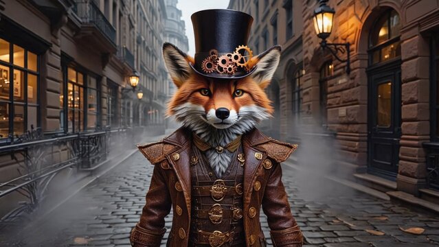 A futuristic fox in steampunk attire, complete with a top hat and accessories, perfect for sci-fi or fantasy illustrations