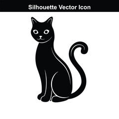 Black and white cat sitting on a black background in a simple vector illustration