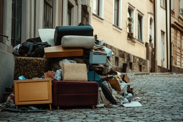 Heap of discarded household items and furniture on cobblestone street during bulk waste collection. AI generated illustration.