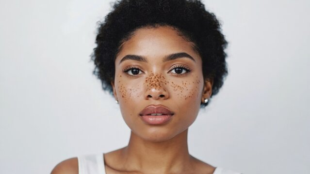A woman with distinctive freckles on her face, great for use in beauty or personal stories
