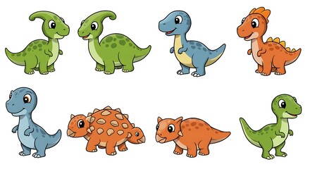 Naklejka premium Set of colorful cute baby Dinosaurs, clip art