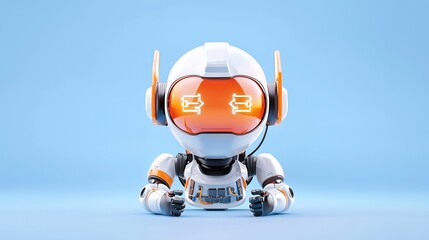 A cute robot character with a futuristic design, featuring a transparent visor and vibrant colors.