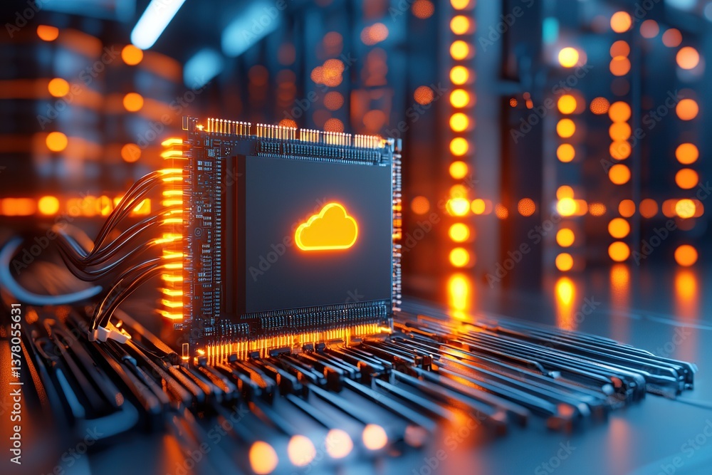 Poster a close-up of a cloud computing chip surrounded by glowing circuitry.
