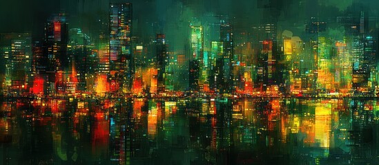 Fototapeta premium Night cityscape reflection, urban fantasy, digital art
